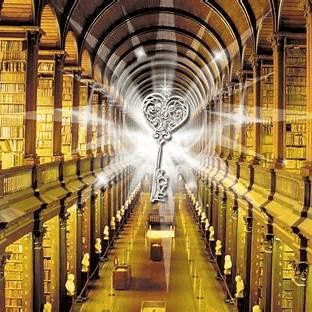 A golden library hall filled with light, often used to picture the Akashic Records